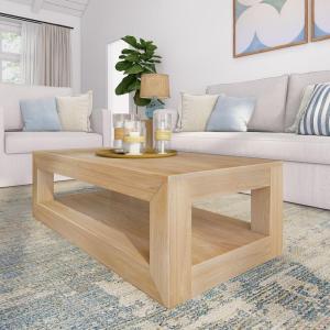 Plank+Beam 48″ Modern Rectangular Coffee Table with Shelf, Solid Pine Wood Living Room Center Table with Storage, Seashell Wirebrush Finish(Blonde Wirebrush)