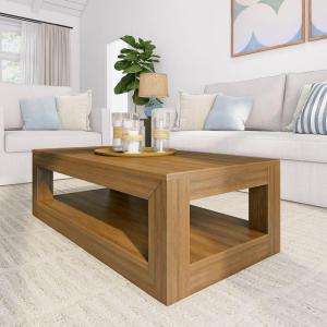 Plank+Beam 48″ Modern Rectangular Coffee Table with Shelf, Solid Pine Wood Living Room Center Table with Storage, Seashell Wirebrush Finish(Pecan Wirebrush)