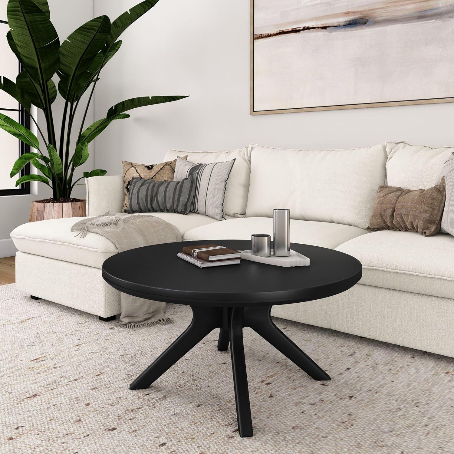 image:imagePlankBeam Verso Round Coffee Table 36 Inch Cross Leg Coffee Table Modern Mini Center Tables for Small Spaces Small Living Space Tea Table BlackBlack