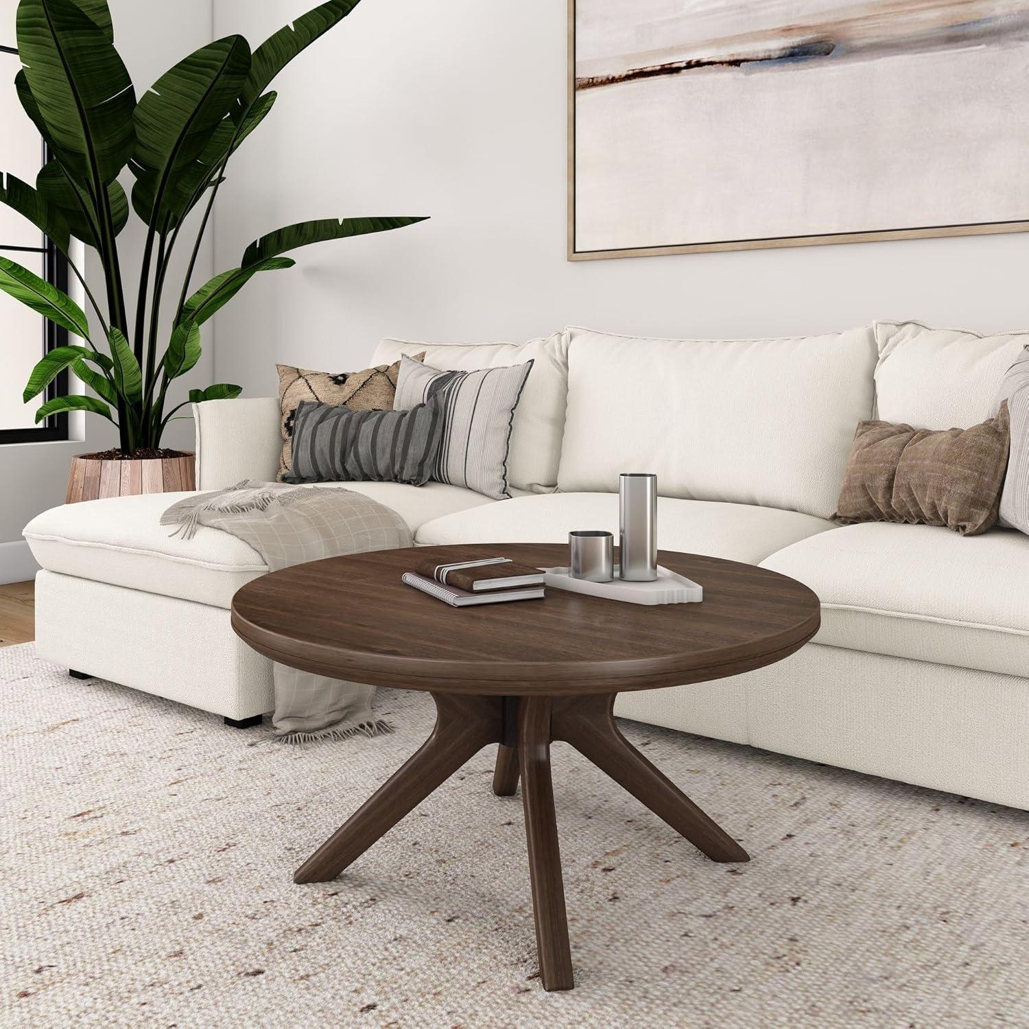 image:imagePlankBeam Verso Round Coffee Table 36 Inch Cross Leg Coffee Table Modern Mini Center Tables for Small Spaces Small Living Space Tea Table BlackWalnut