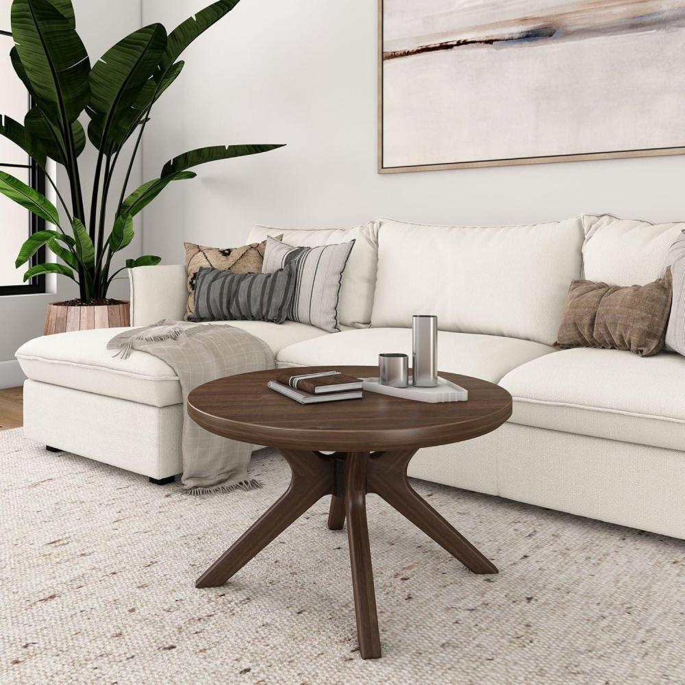 image:imagePlankBeam Verso Round Coffee Table 36 Inch Cross Leg Coffee Table Modern Mini Center Tables for Small Spaces Small Living Space Tea Table BlackWalnut