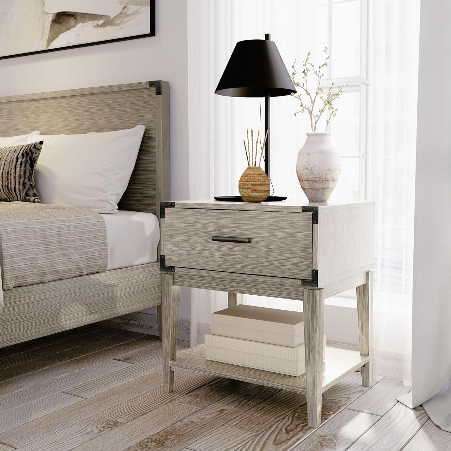image:imagePlankBeam Contempo Wood Nightstand with 1 Drawer Wooden Side Table for Bedroom Storage Bedside End Table Seashell WirebrushSeashell Wirebrush