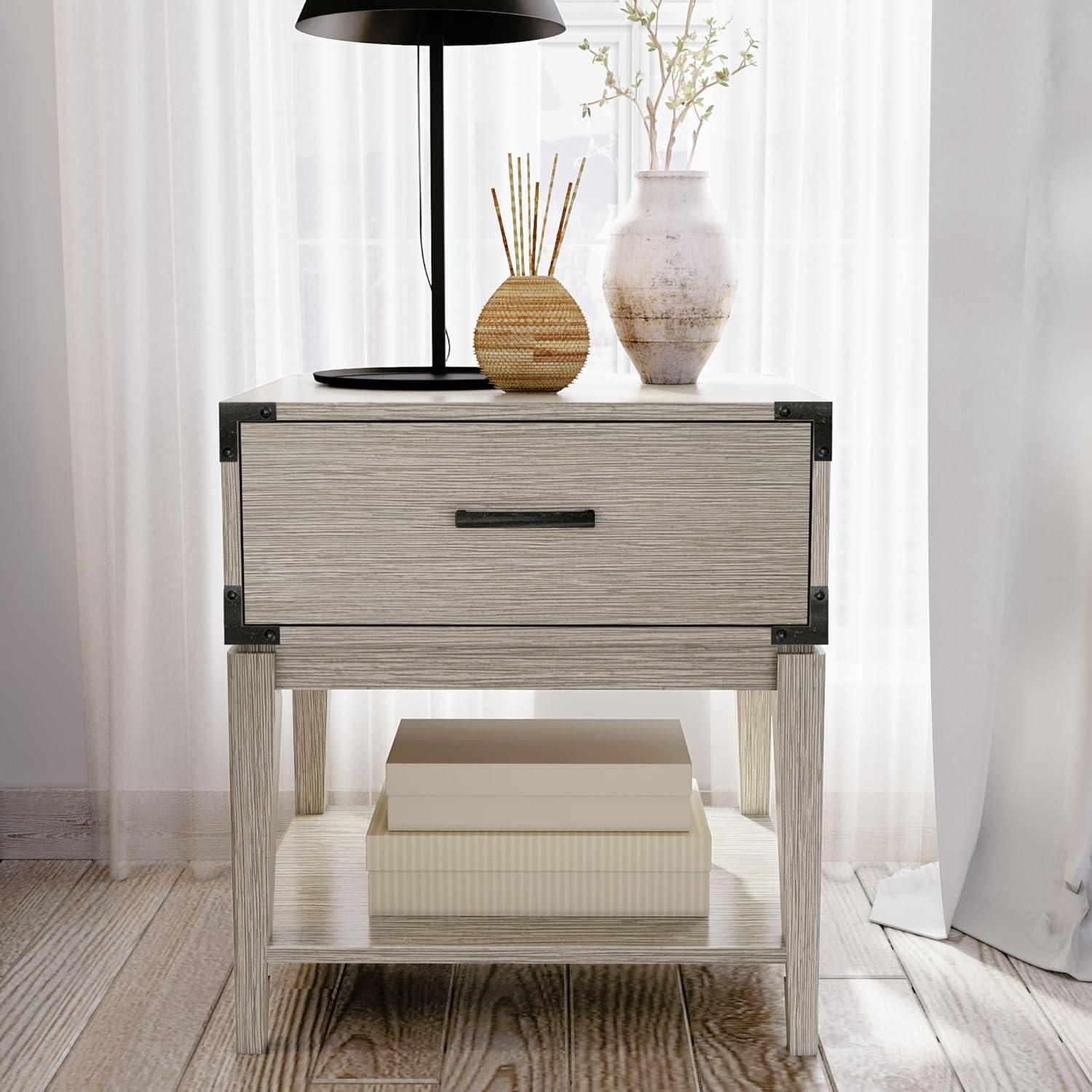 image:imagePlankBeam Contempo Wood Nightstand with 1 Drawer Wooden Side Table for Bedroom Storage Bedside End Table Seashell WirebrushSeashell Wirebrush