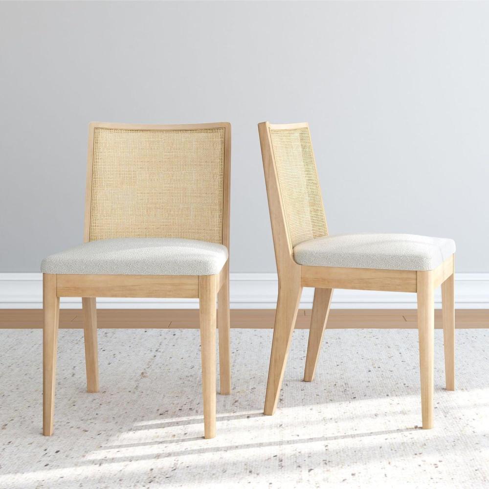 image:imagePlankBeam Elio Dining Chair 2Pack  Rattan Back Boucl Upholstered Seat Solid Rubberwood Frame LowVOC Finish Easy Assembly PecanTerracottaBlondeSesame