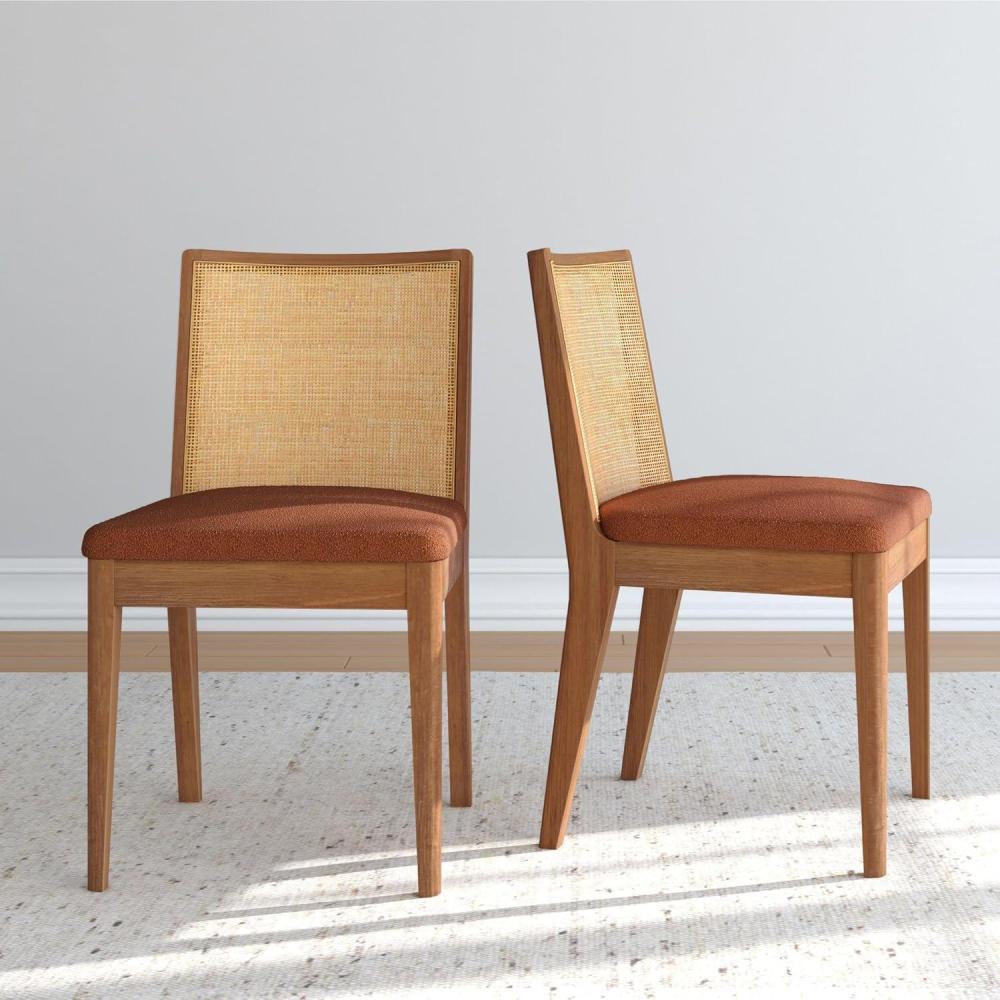 image:imagePlankBeam Elio Dining Chair 2Pack  Rattan Back Boucl Upholstered Seat Solid Rubberwood Frame LowVOC Finish Easy Assembly PecanTerracottaPecanTerracotta
