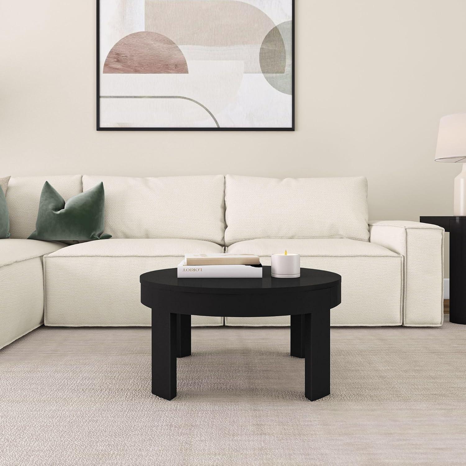 image:imagePlankBeam Contour Round Coffee Table 30 Inch Coffee Table Wood Coffee Tables for Living Room Modern Center Table Occasional Table for Small Spaces Black