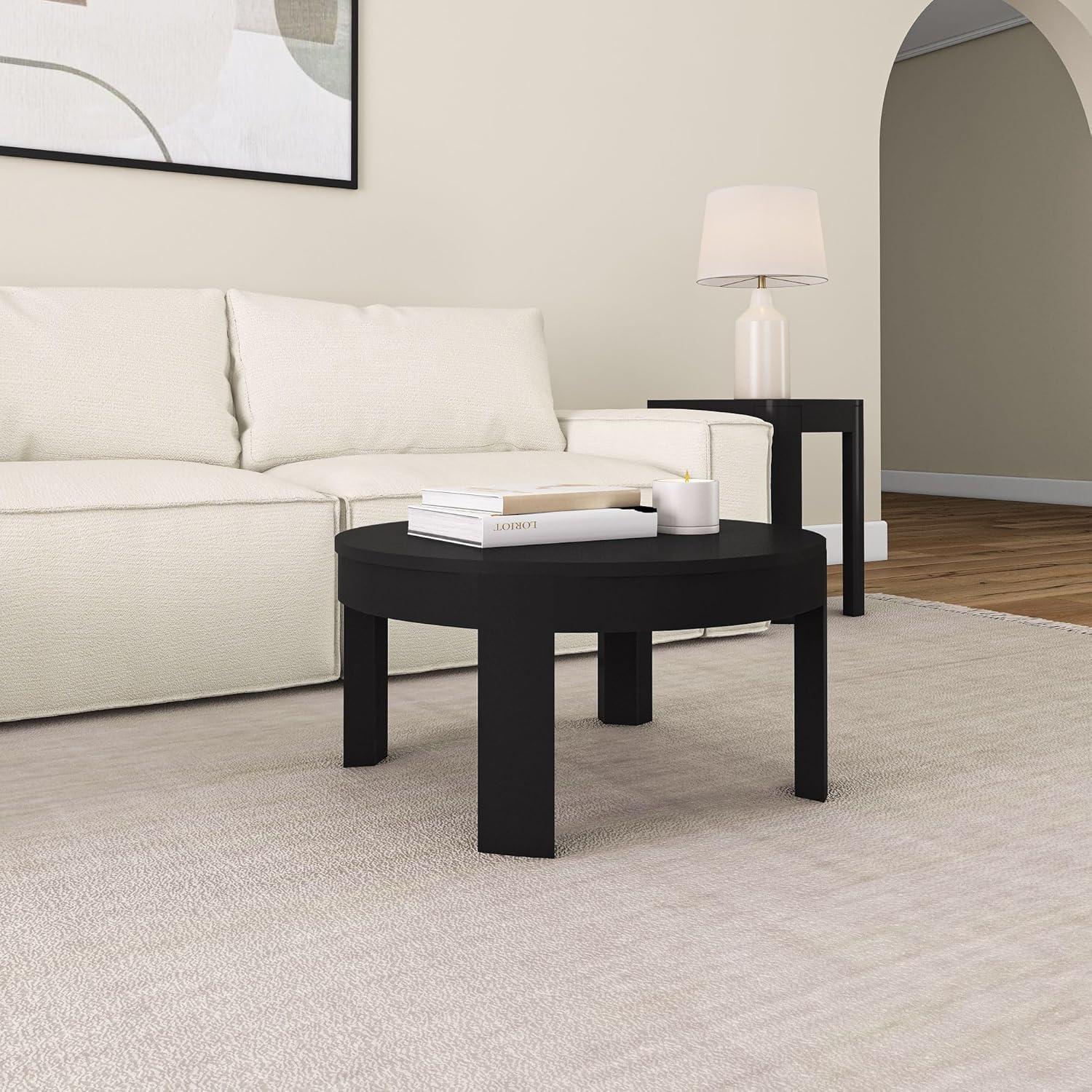 image:imagePlankBeam Contour Round Coffee Table 30 Inch Coffee Table Wood Coffee Tables for Living Room Modern Center Table Occasional Table for Small Spaces Black