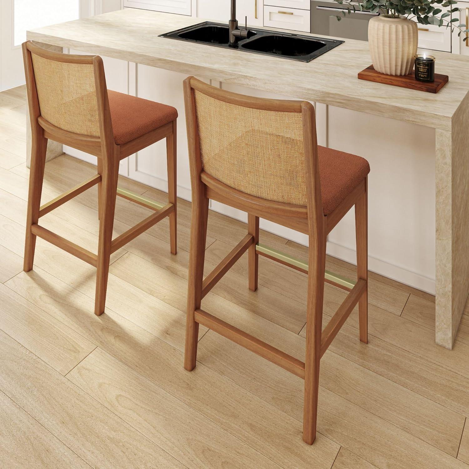 image:imagePlankBeam Elio Counter Height Bar Chair 2Pack Rattan Back Boucl Upholstered Seat Solid Rubberwood Frame LowVOC Finish Easy Assembly PecanTerracottaPecanTerracotta