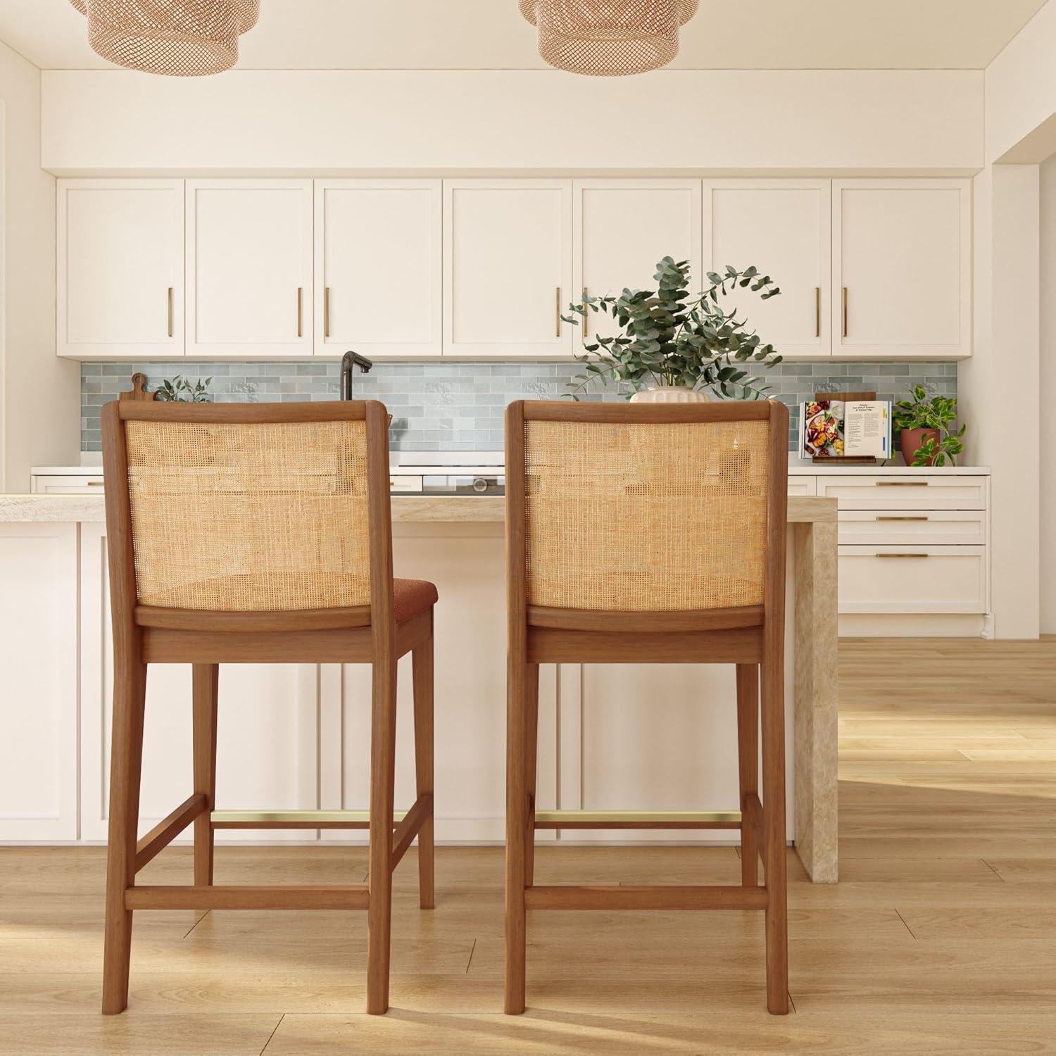 image:imagePlankBeam Elio Counter Height Bar Chair 2Pack Rattan Back Boucl Upholstered Seat Solid Rubberwood Frame LowVOC Finish Easy Assembly PecanTerracottaPecanTerracotta