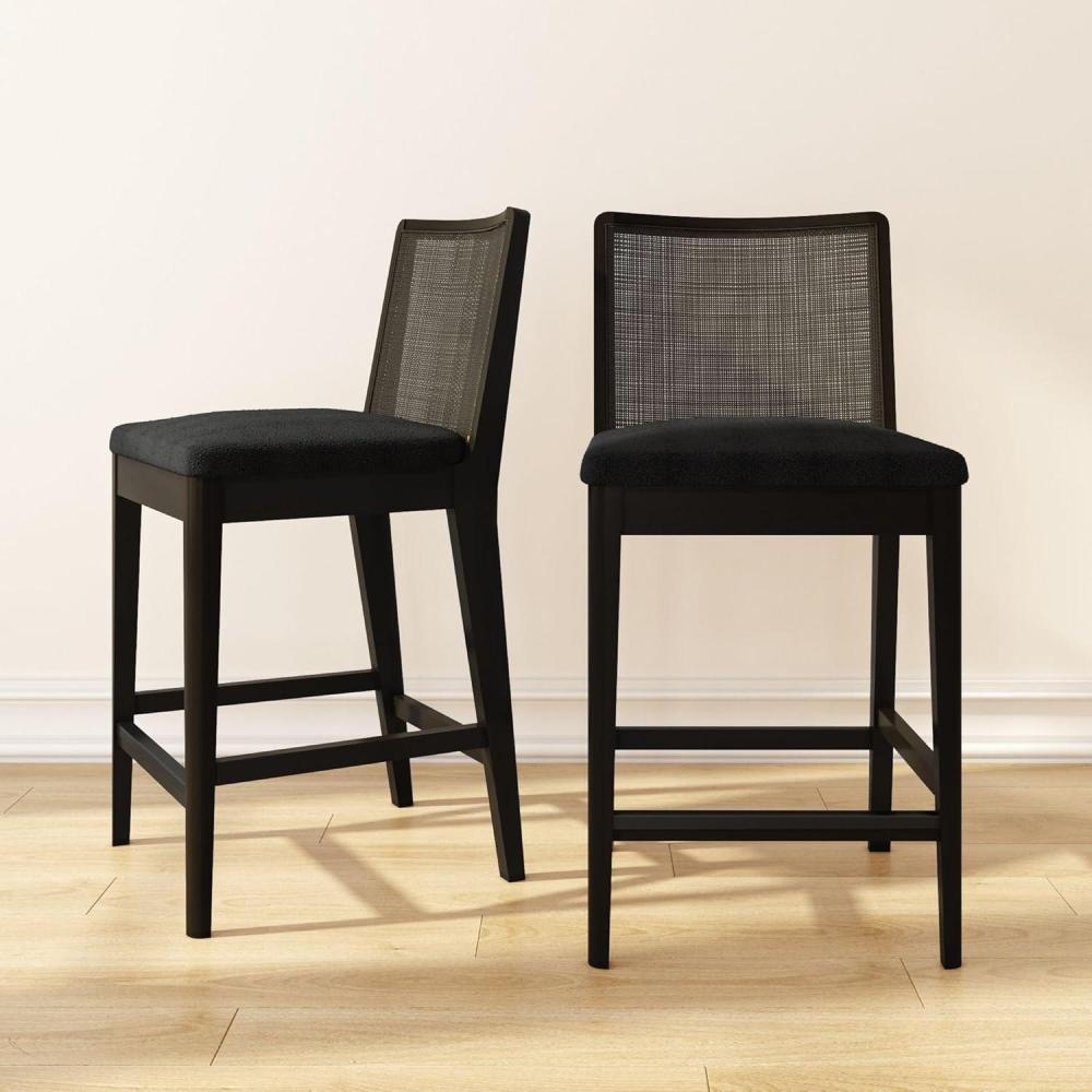 image:imagePlankBeam Elio Counter Height Bar Chair 2Pack  Rattan Back Boucl Upholstered Seat Solid Rubberwood Frame LowVOC Finish Easy Assembly PecanTerracottaBlackBlack