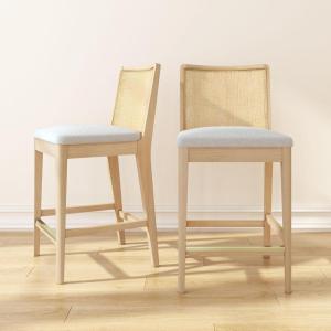 Plank+Beam Elio Counter Height Bar Chair (2-Pack) – Rattan Back, Bouclé Upholstered Seat, Solid Rubberwood Frame, Low-VOC Finish, Easy Assembly, Pecan/Terracotta(Blonde/Sesame)