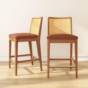 Plank+Beam Elio Counter Height Bar Chair (2-Pack) – Rattan Back, Bouclé Upholstered Seat, Solid Rubberwood Frame, Low-VOC Finish, Easy Assembly, Pecan/Terracotta(Pecan/Terracotta)