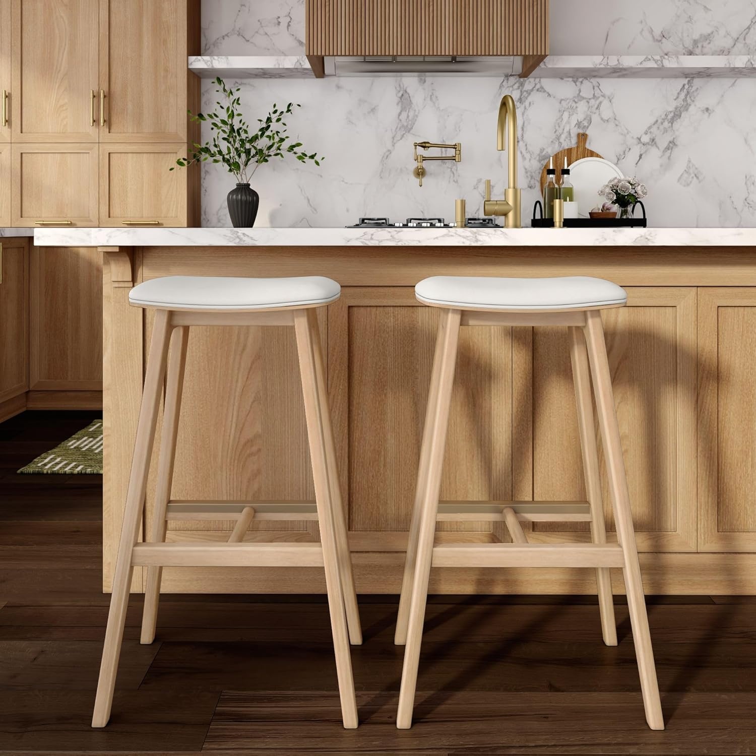 image:imagePlankBeam Beryl Counter Height Stool MidCentury Modern Rubberwood Bar Stool with Faux Leather Seat Metal Footrest Easy Assembly BlondeSesameBlondeSesame