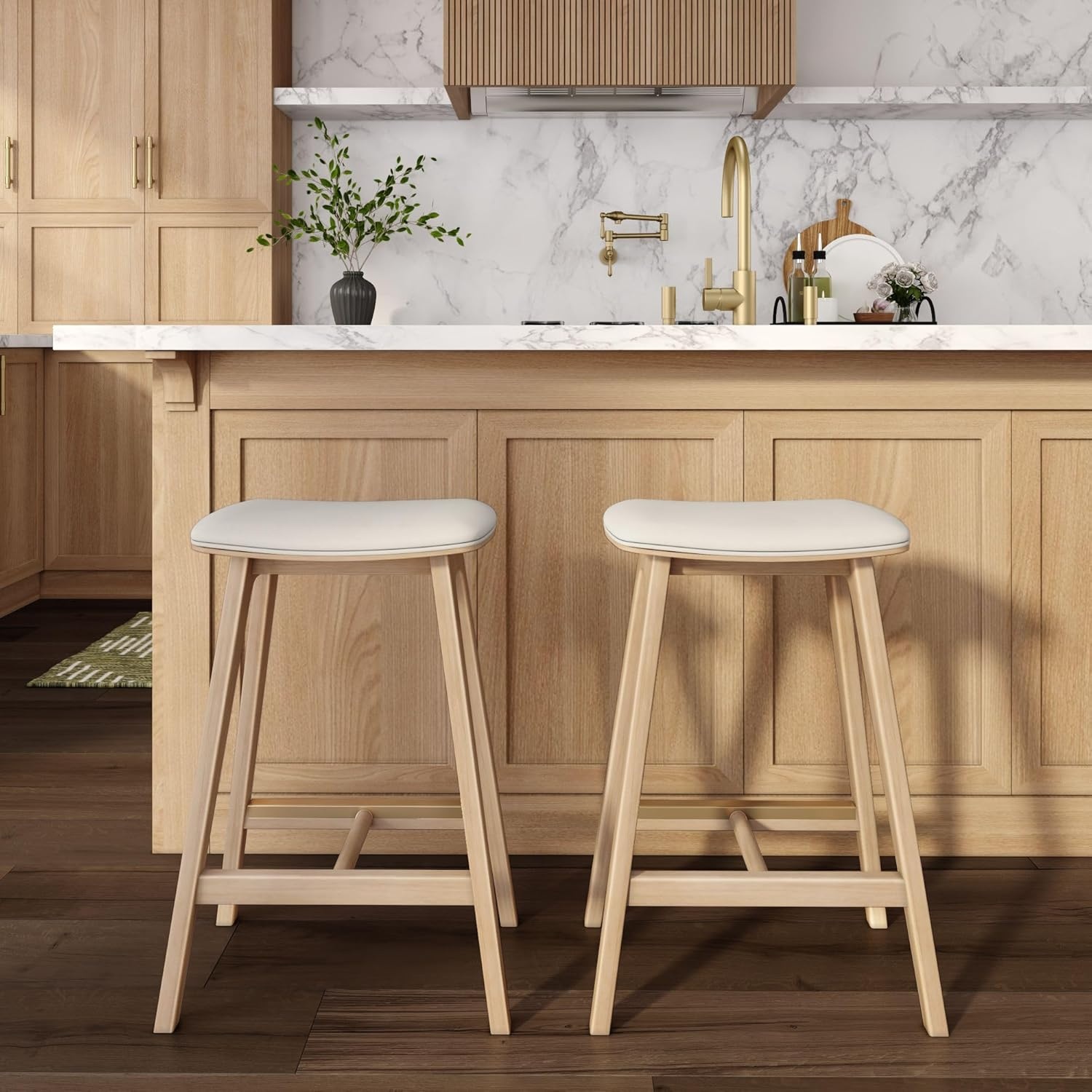 image:imagePlankBeam Beryl Counter Height Stool MidCentury Modern Rubberwood Bar Stool with Faux Leather Seat Metal Footrest Easy Assembly BlondeSesameBlondeSesame