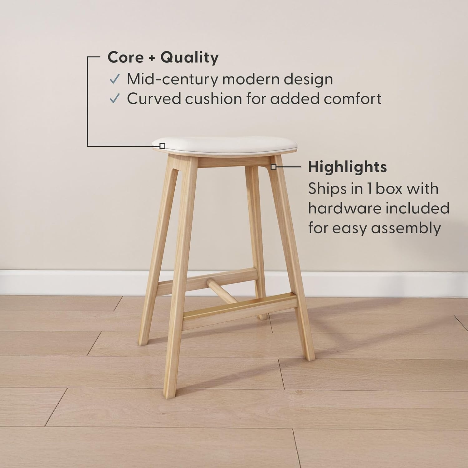 image:imagePlankBeam Beryl Counter Height Stool MidCentury Modern Rubberwood Bar Stool with Faux Leather Seat Metal Footrest Easy Assembly BlondeSesameBlondeSesame