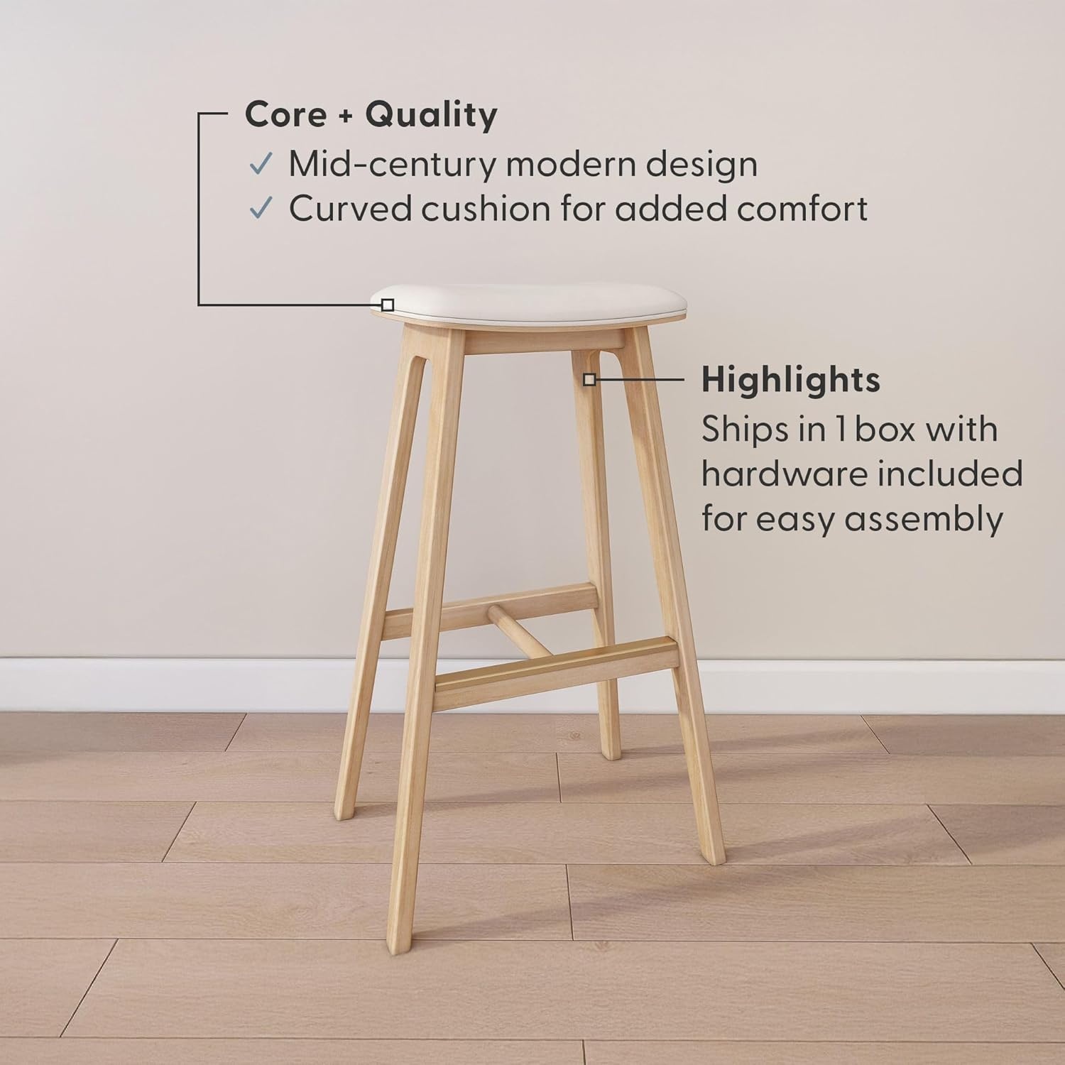 image:imagePlankBeam Beryl Counter Height Stool MidCentury Modern Rubberwood Bar Stool with Faux Leather Seat Metal Footrest Easy Assembly BlondeSesameBlondeSesame