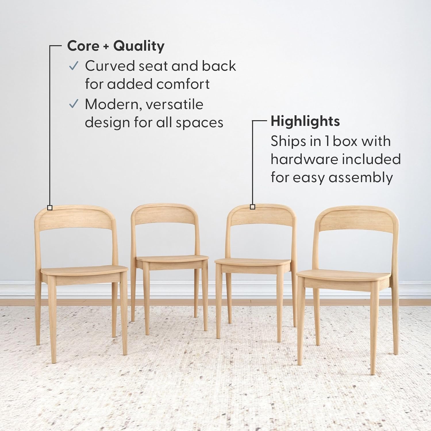 image:imagePlankBeam Loar Dining Chair 4Pack MidCentury Rubberwood and Engineered Wood with Curved Backrest Easy Assembly BlondeBlonde