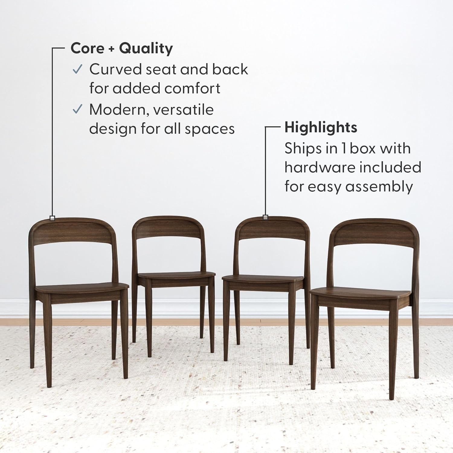 image:imagePlankBeam Loar Dining Chair 4Pack MidCentury Rubberwood and Engineered Wood with Curved Backrest Easy Assembly BlondeWalnut