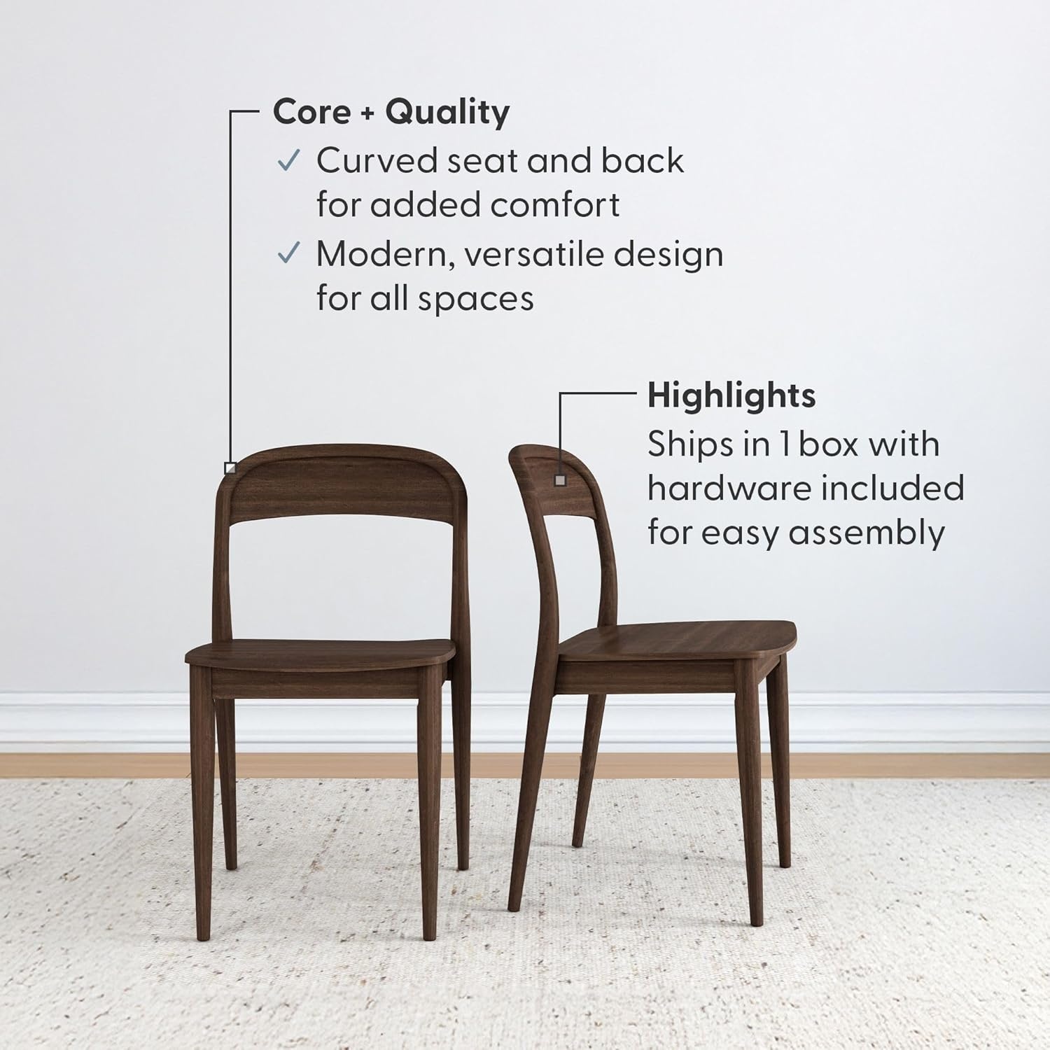 image:imagePlankBeam Loar Dining Chair 4Pack MidCentury Rubberwood and Engineered Wood with Curved Backrest Easy Assembly BlondeWalnut