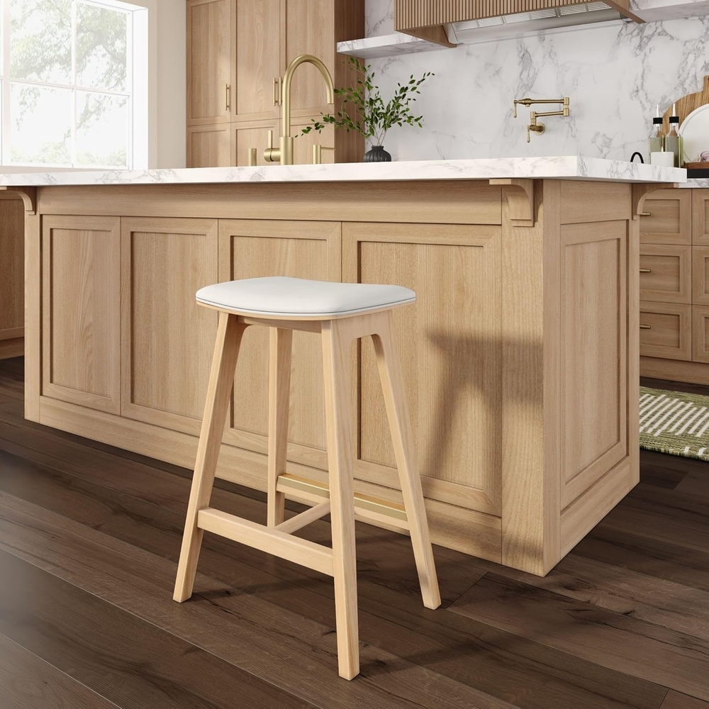image:imagePlankBeam Beryl Counter Height Stool  MidCentury Modern Rubberwood Bar Stool with Faux Leather Seat Metal Footrest Easy Assembly BlondeSesameBlondeSesame